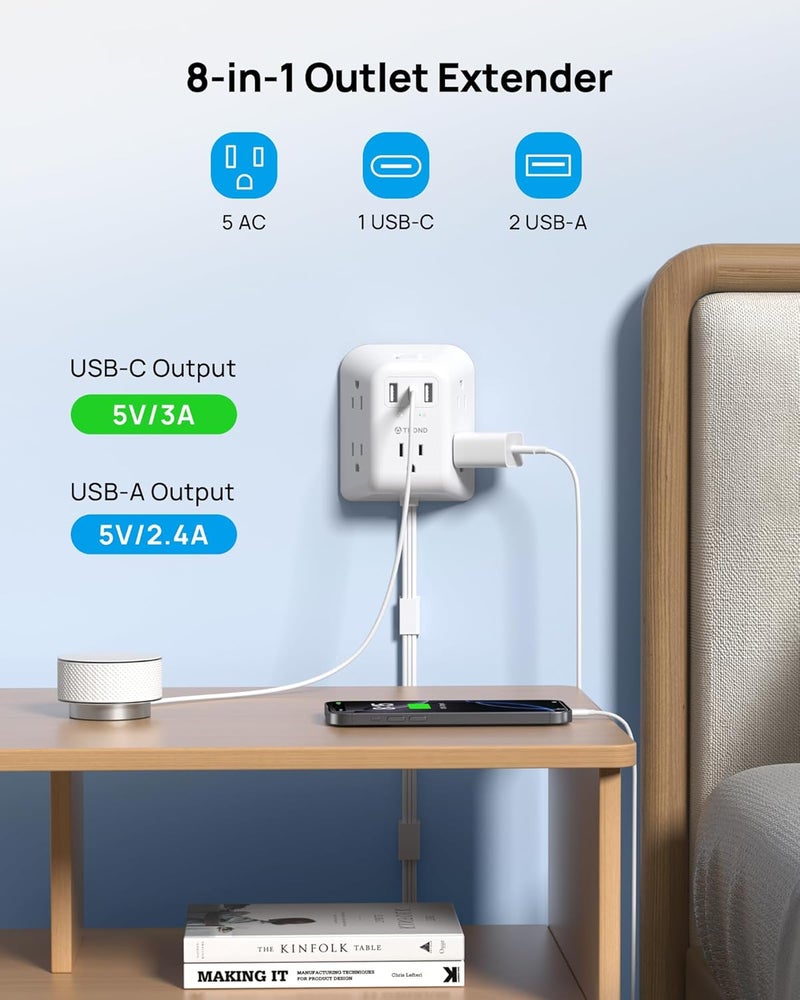 TROND Outlet Extender with 360° Rotating Plug, 5AC Electrical Multi Plug Outlet-18in Short Extension Cord, 2 USB-A Ports & 1 USB-C Port, Use Behind Couches, Nightstands, Desks, White - Image 2